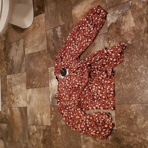 Mittoshop L brown abstract print blouse top shirt balloon wide sleeve tie front